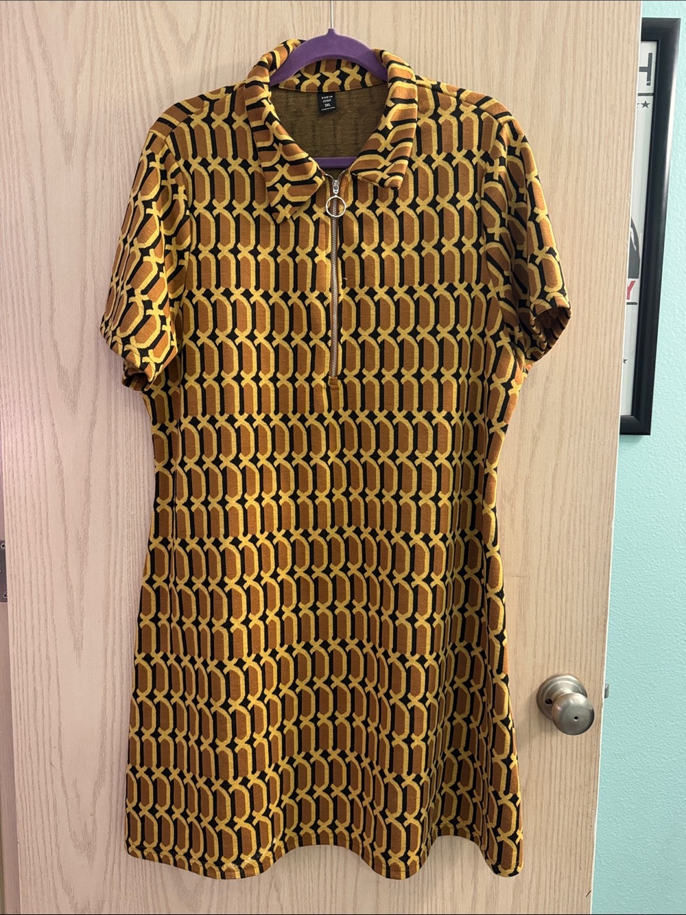 MOD dress , Short Zip Collar Geometric Shift Dress in Mustard